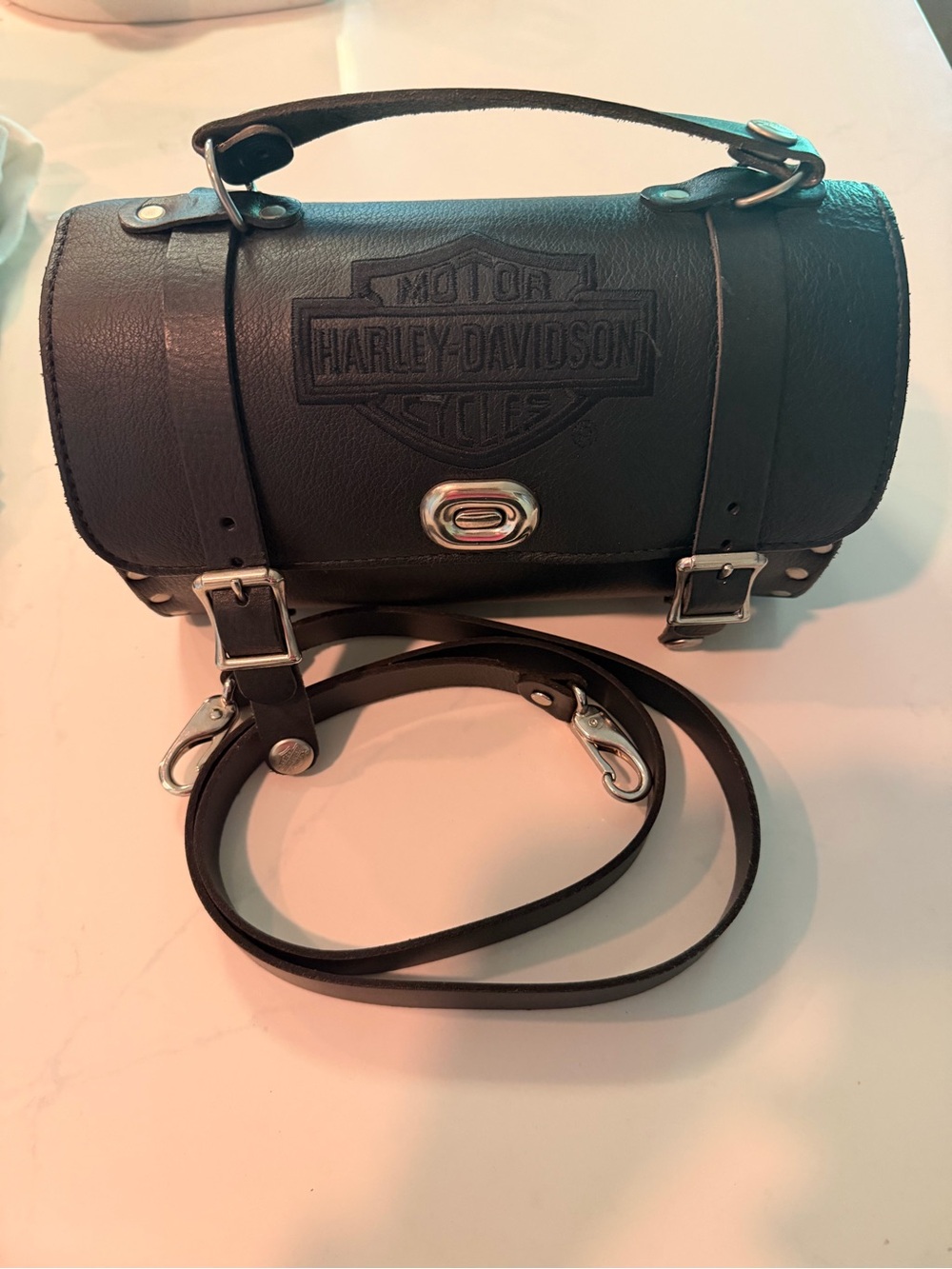 Vintage Harley-Davidson Leather Barrel Bag